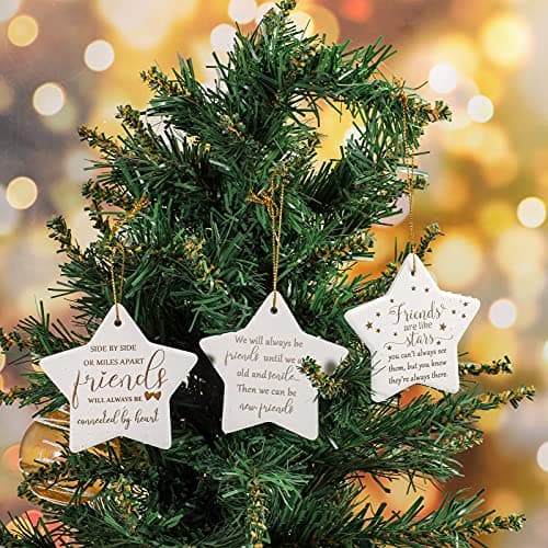 CHENGU Christmas Friends Ornament Ceramic Star Shaped Ornament High School College Hanging Sign Decoration Tree Ornament Good Friends are Like Stars Tags Crafts with Box for Classmate Friends (3 Pieces)