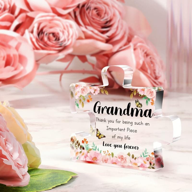 Grandma Gifts - Delicate Grandma Birthday Gifts from Grandkids - Engraved Acrylic Puzzle Piece 3.9 x 3.3 inch - Mothers Day Christmas Birthday Gifts for Grandma Grandmother, Ideas