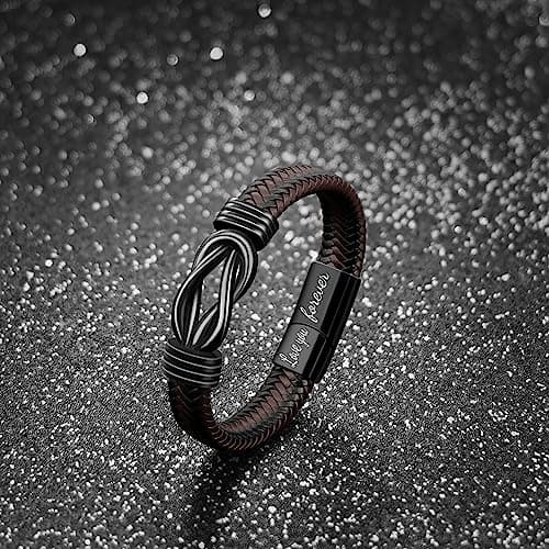Gift for Men Infinity Bracelet for Men Dad Husband Boyfriend Son Grandson Brother Nephew Uncle Brown Braided Leather Forever Linked Together Stainless Steel Engraved with Love You Forever Jewelry 7.5|8.5|9 Inches