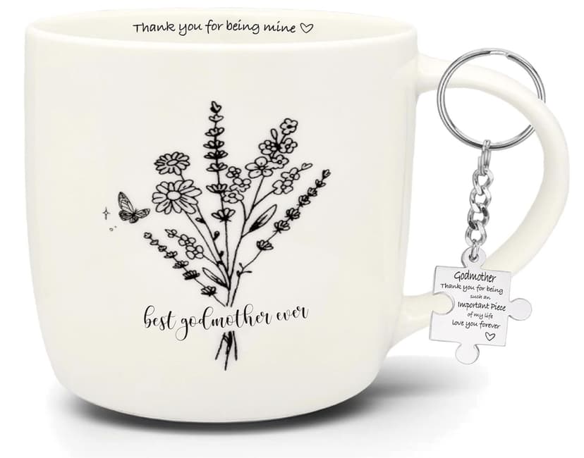 Best Godmother Ever Mug 12 Ounces Ceramic Coffee Cup Floral Beige with Keychain, Gift for Godmother Birthday, Mother’s Day, Christmas from Godchild