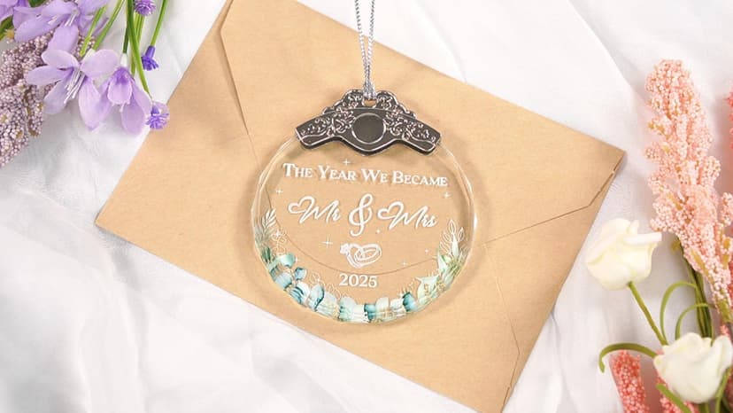 Glass Ornament - Mr & Mrs 2025 Wreath Leaf Wedding Ornaments - Newlywed Gifts for Couples 2025 - Couple Ornament for Bride and Groom - Elegant Engagement Keepsake for Christmas Tree Décor