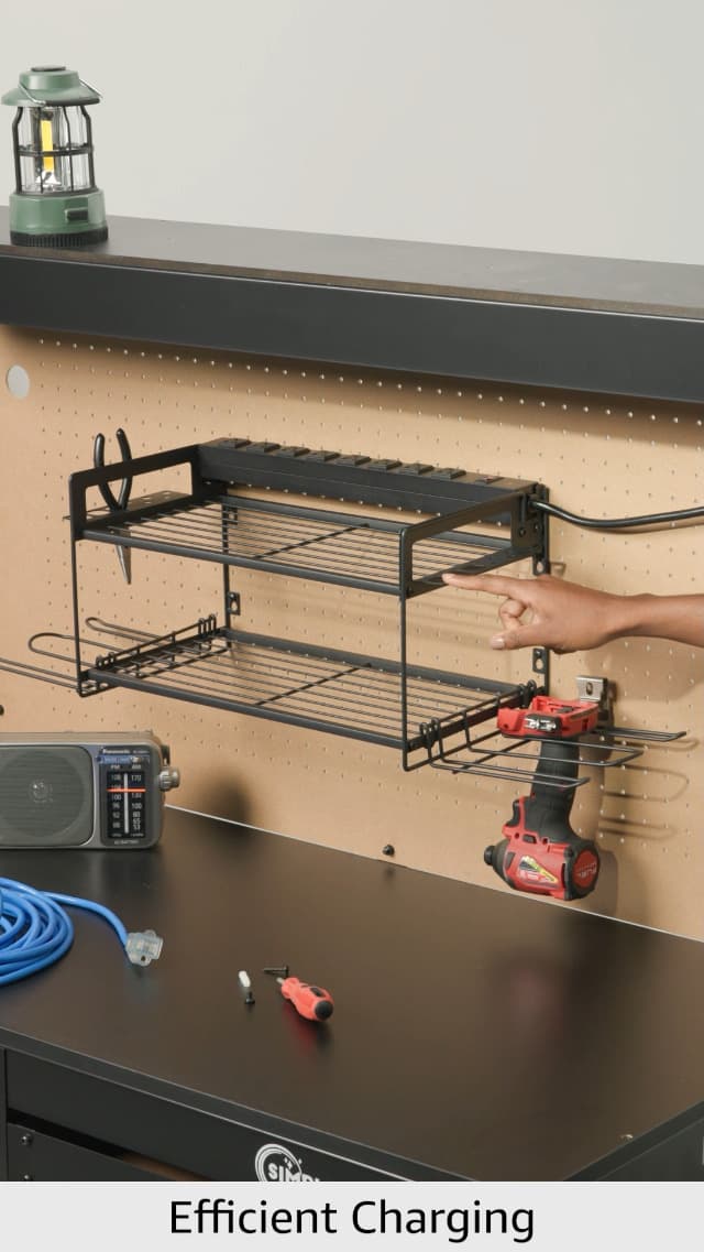 CCCEI Garage Tools Storage with Charging Station. Power Tool Battery Organizer Utility Shelf with Power Strip. 4 Drills Holder Wall Mount Rack, Black.
