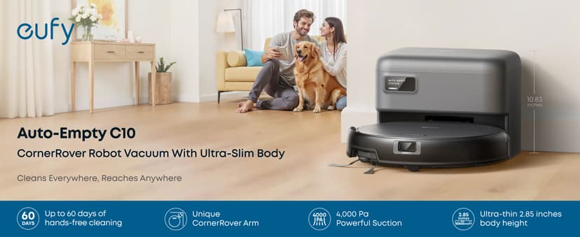 eufy C10 Robot Vacuum Self Emptying, 8 Weeks Hands Free, Advanced Smart Mapping with LiDAR Navigation, 2.85-Inch Slim Design, Powerful Suction, Edge Expansion Brush for Pet Hair, Carpet Detection