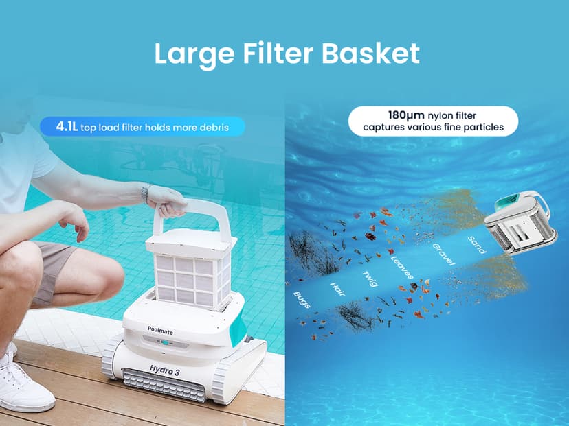 Hydro3 Robotic Pool Cleaner, 150W Cordless Pool Vacuum for Inground/upground Pool Max 861-1070 sq.ft, 200mins Runtime, 2xBrushless-Motor, 4.1L Filter Basket, Wall Climbing/Waterline Clean