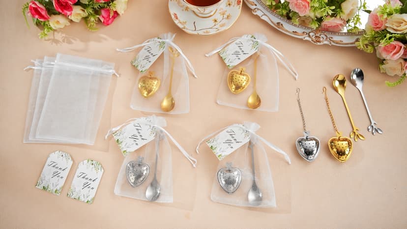 25 Sets Bridal Shower Tea Party Favor for Guest Leaf Tea Spoon Heart Shape Infuser Ball for Loose with Thank You Card Organza Bag Wedding Souvenir Gift(Silver)