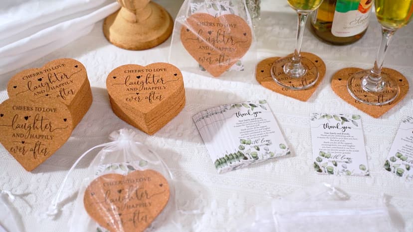 Uiifan 50 Set Wedding Favors for Guest Coaster Gifts Bulk Heart Shaped Coasters Thank You Cards Organza Bags Guest Souvenirs for Wedding Party Bridal Favors