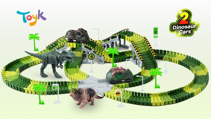 Dinosaur Toys,Create A Dinosaur World Road Race,Flexible Track Playset and 2 pcs Cool Dinosaur car for 3 4 5 6 Year & Up Old boy Girls Best Gift