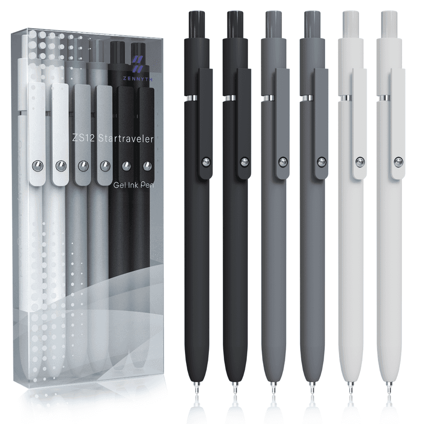 Gel Pens, 6 Pcs 0.5mm Fine Point Black Ink Pen With Smooth Writing, Office Desk Accessories, School Supplies Gifts for Men Women, Quick Dry Pens Ballpoint For Journaling, Black/Gray/White