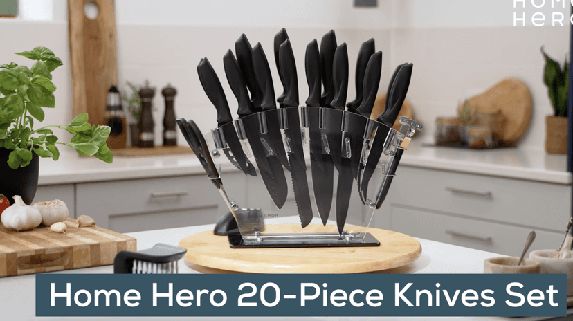 Home Hero Kitchen Knife Set with Sharpener - High Carbon Stainless Steel Knife Block Set with Ergonomic Handles (20 Pcs - Black)