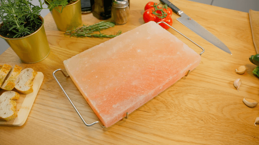 UMAID Himalayan Salt Block For Grilling, Cooking, Cutting and Serving,12X8X1.5 Food Grade Himalayan Pink Salt Stone on Stainless Steel Plate & Recipe Booklet, Unique Gifts for Men, Women, Chef, Cooks