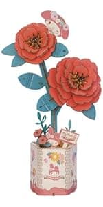 Hands Craft Hello Kitty and Friends Pink Rose 3D Wooden Puzzle Kit | DIY Flower Model | Arts & Crafts for Adults & Kids | Creative Hobby Kits | Hello Kitty Collectible | Wood Building Set