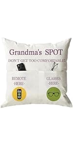 ONFAON Grandma Gifts, Grandma's Spot Throw Pillow Covers 18x18 Inch,Put Phone Glasses and Remote Control Pillowcase,Birthday Christmas hanksgiving Day Gifts for Grandma Mom,3-Pocket