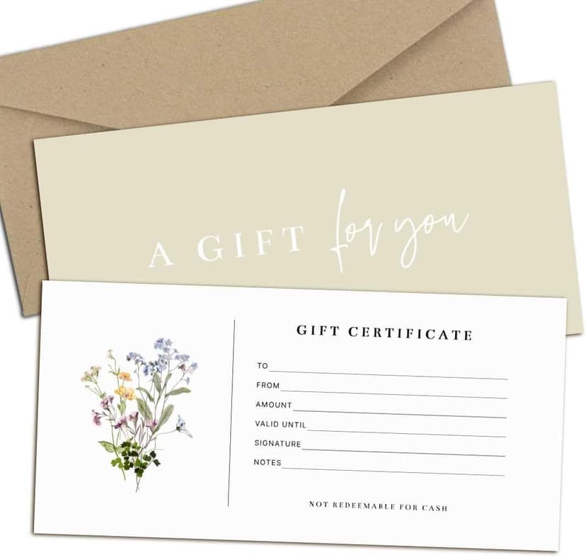 Blank Gift Certificates with Envelopes, 3.5" x 7.25" Blank Gift Certificates for Business, Salon, Spa, Birthday, Mother’s Day or Holiday Gifting, 25 Custom Cards (Floral)