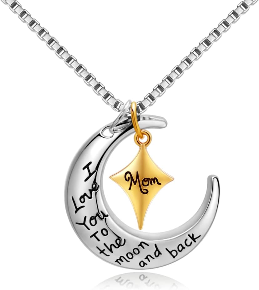 POWER WING Mom Necklace for Women Mom I Love You to The Moon and Back Moon Star Pendant Necklace Birthday Presents for Mom Mothers Gifts from Daughter Son
