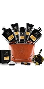 Mens Bath and Body Gift Set - Musk and Blonde Woods - Luxury Christmas, Birthday, Fathers Day Gifts From Daughter, Wife, Son For Dad, Husband - Relaxing Spa Kit for Him in Toiletry Bag