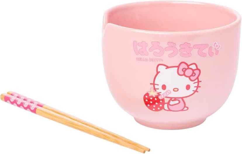Silver Buffalo Sanrio Hello Kitty Strawberry Milk Japanese Character Ceramic Ramen Noodle Rice Bowl with Chopsticks, Microwave Safe, Pink, 20 Ounces