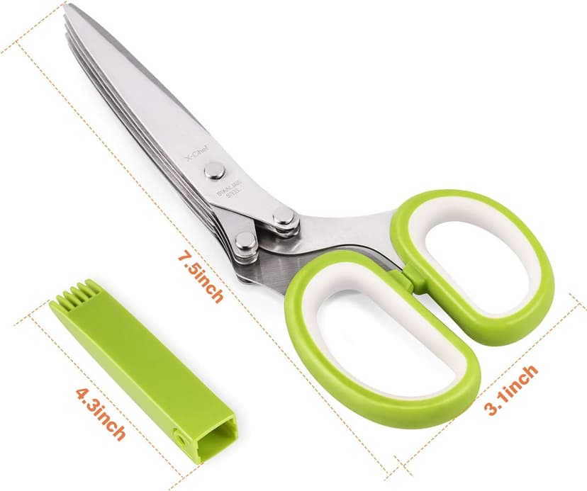 Herb Scissors, X-Chef Multipurpose 5 Blade Kitchen Herb Shears Herb Cutter with Safety Cover and Cleaning Comb for Chopping Basil Chive Parsley (Green)