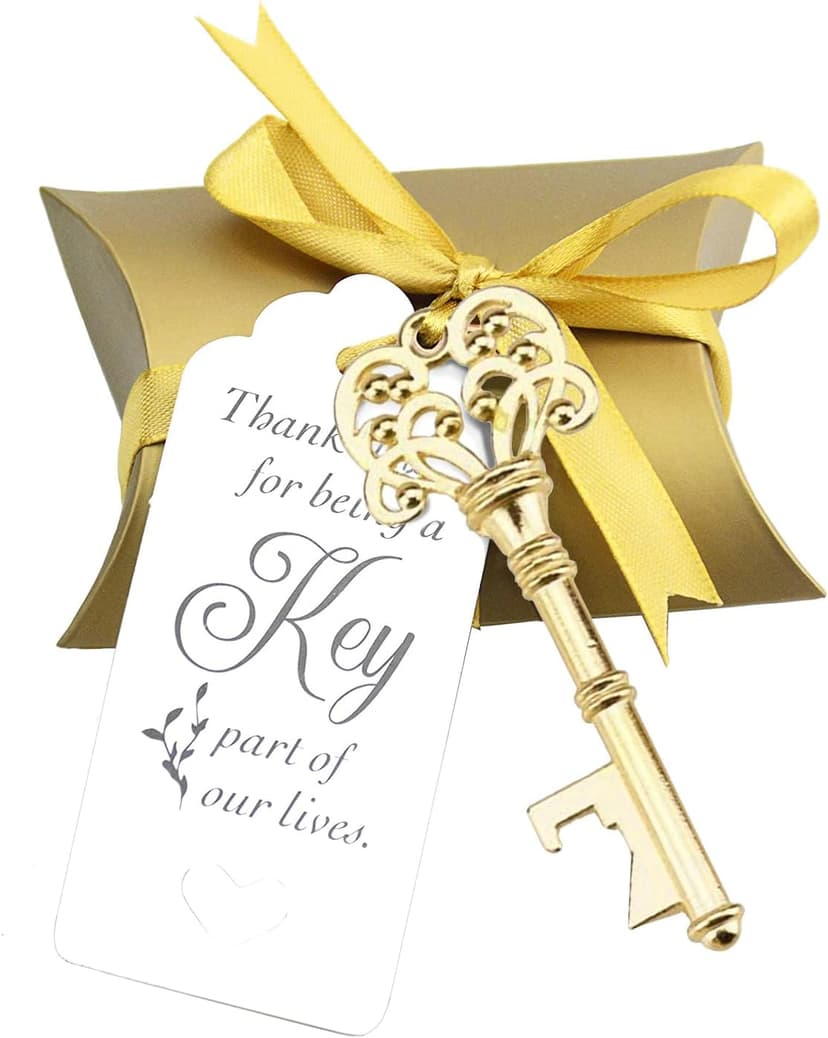 50 Sets Vintage Key Bottle Openers, Wedding Favor Souvenir Gift for Guests with Escort Card Thank You Tag Pillow Box and Satin Ribbon (Gold)