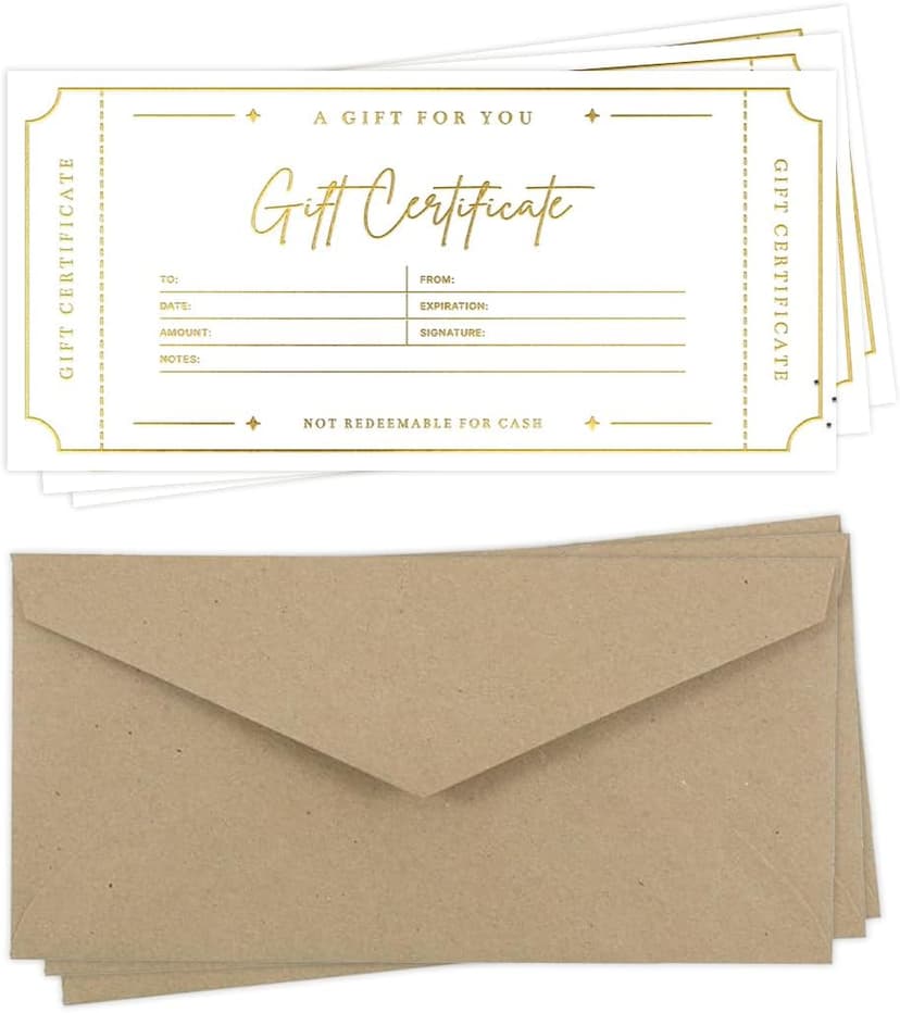 Blank Gift Certificates with Envelopes, 3.5" x 7.25" Blank Gift Certificates for Business, Christmas Gifts, Salon, Spa, Birthday, Mother’s Day or Holiday Gifting, 25 Custom Cards (Gold)