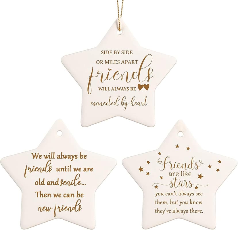 CHENGU Christmas Friends Ornament Ceramic Star Shaped Ornament High School College Hanging Sign Decoration Tree Ornament Good Friends are Like Stars Tags Crafts with Box for Classmate Friends (3 Pieces)