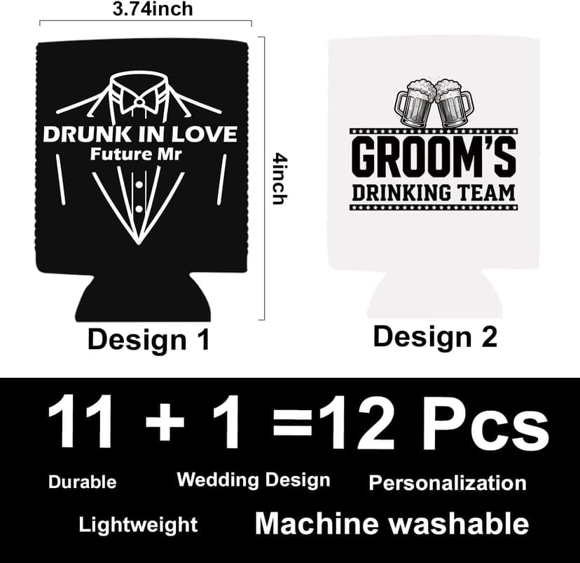 12pcs Beer Can Cooler Sleeves Bachelor Party Favors Bride And Groom Gifts Suit Dress Can Cooler Insulated Sleeves Decorations for Wedding Eve Gift for Men Groom Groomsman