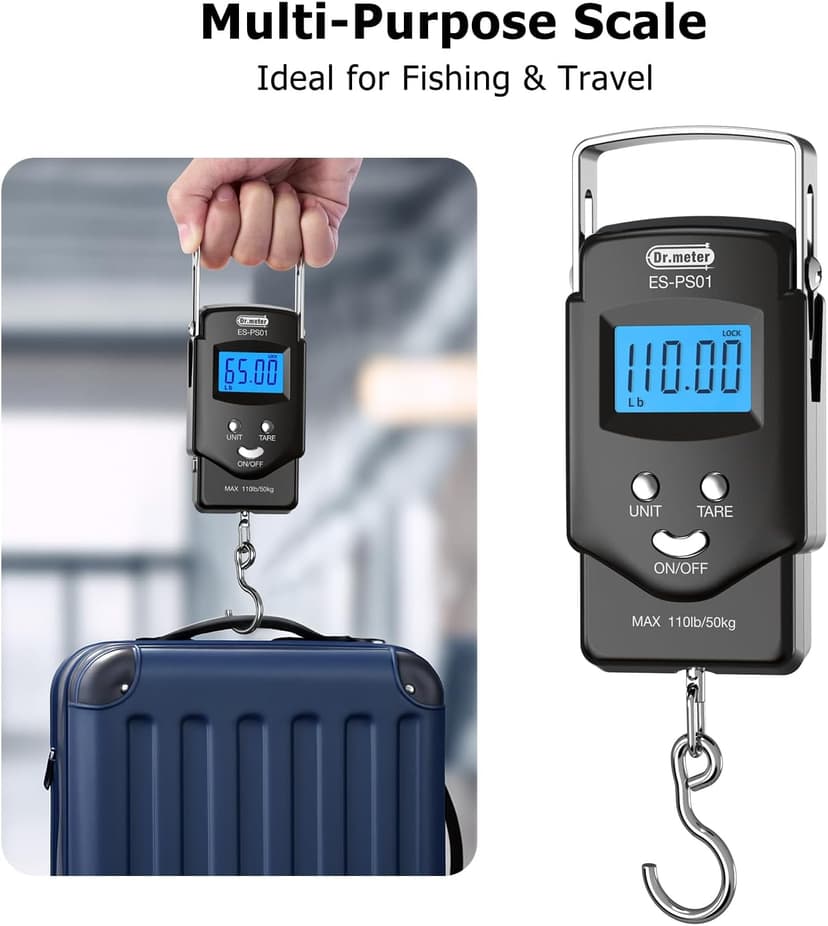 Fish Scale Luggage Scale Fishing Gear - 110lb Backlit LCD Display Digital Scale with Built-in Measuring Tape - Fishing Scale with 2 AAA Batteries, Pocket Size - Fishing Gifts for Men