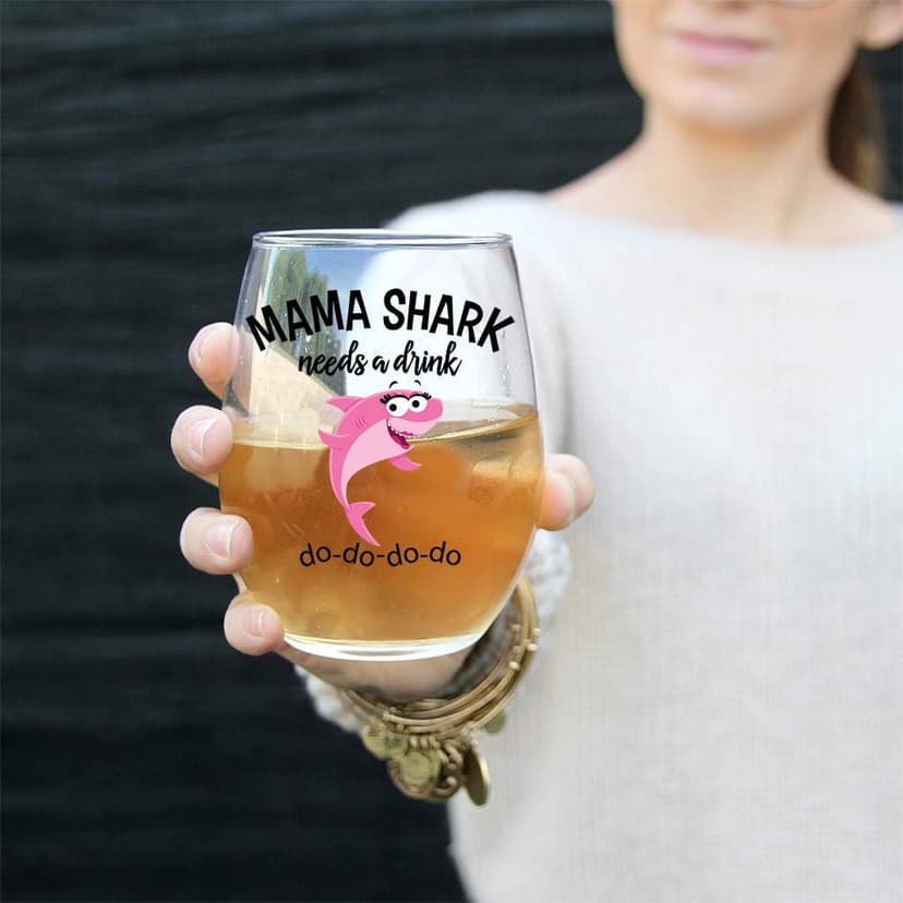 Mama Shark Needs a Drink Funny Wine Glass - Mom Gift For Birthdays, Mother's Day, Christmas, Holidays or Just Because - Stemless
