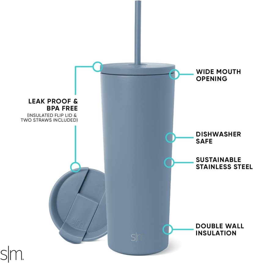 Simple Modern Insulated Tumbler with Lid and Straw | Iced Coffee Cup Reusable Stainless Steel Water Bottle Travel Mug | Gifts for Women Men Her Him | Classic Collection | 24oz | Blue Dune