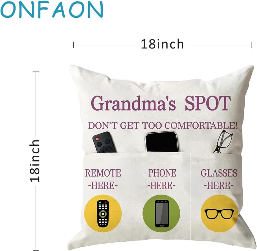 ONFAON Grandma Gifts, Grandma's Spot Throw Pillow Covers 18x18 Inch,Put Phone Glasses and Remote Control Pillowcase,Birthday Christmas hanksgiving Day Gifts for Grandma Mom,3-Pocket