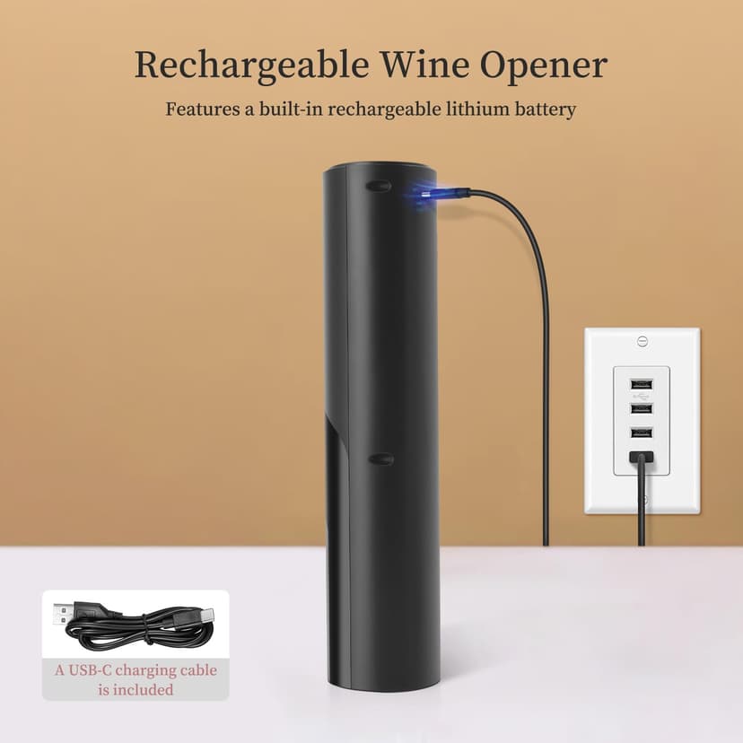 Electric Wine Opener Set by ELMWAY - Rechargeable Wine Bottle Opener & Corkscrew with Foil Cutter / 4 x Vacuum Stoppers/Premium Wine Aerator Pourer, Ideal Wine Gifts for Wine Lovers - Black