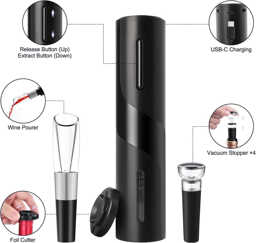 Electric Wine Opener Set by ELMWAY - Rechargeable Wine Bottle Opener & Corkscrew with Foil Cutter / 4 x Vacuum Stoppers/Premium Wine Aerator Pourer, Ideal Wine Gifts for Wine Lovers - Black