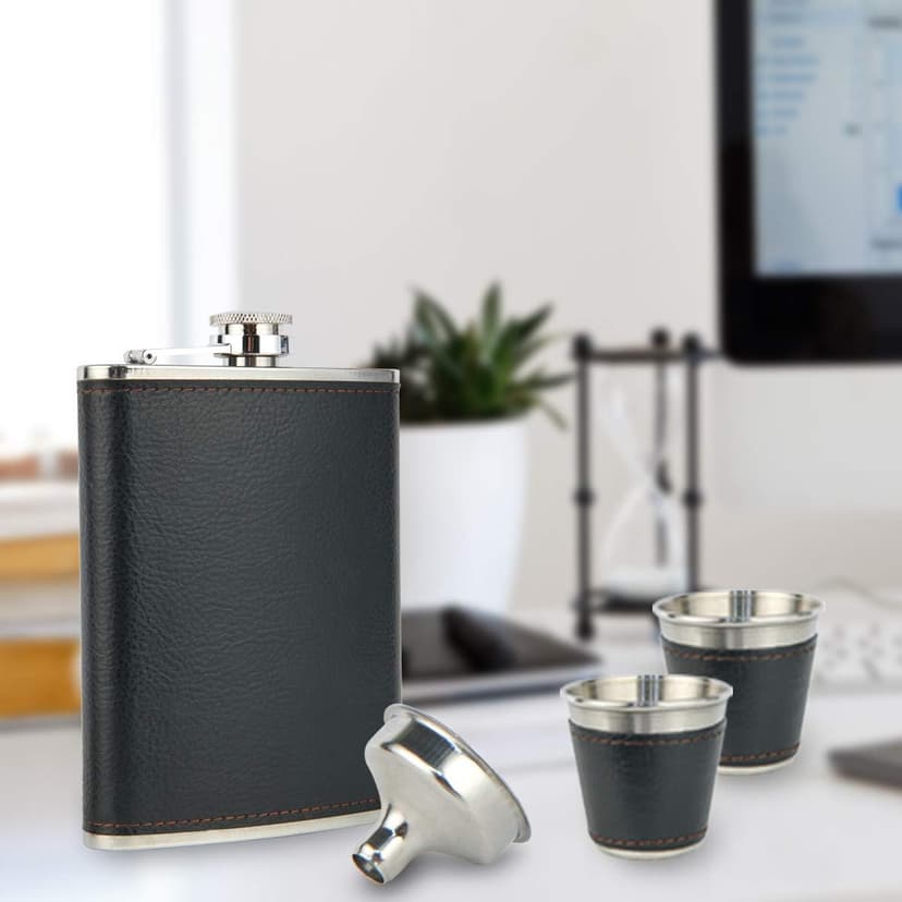 Hip Flask Gift Set, Hip Flasks for Liquor for Men with Black Leather Cover, 8 Oz Hip Flask Set, 18/8 Stainless Steel Hip Flasks for Liquor with 2 Cups & Funnel, Flasks for Liquor for Men Gift Box1