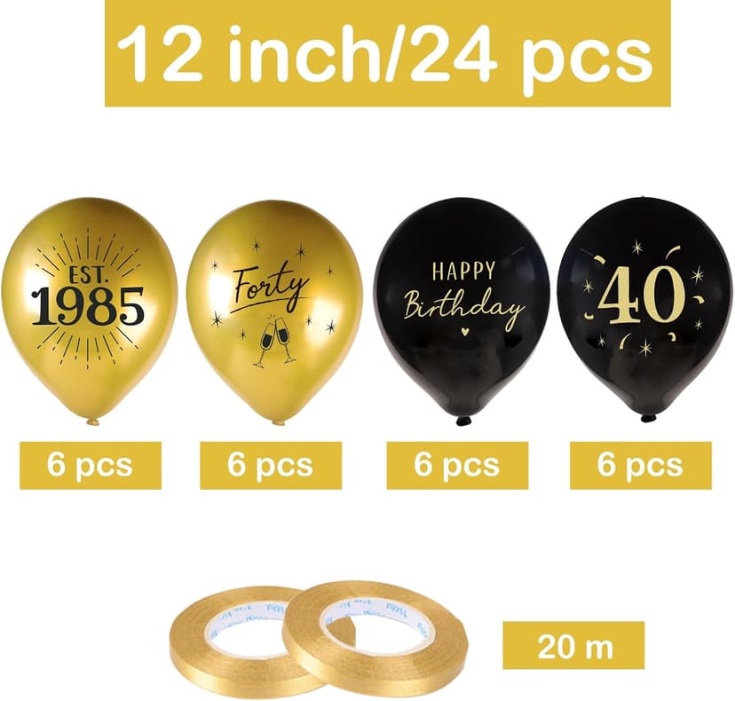 24pcs 40th Birthday Balloons Decorations for Men Women Black Gold Happy 40th Birthday Decorations Latex Balloons