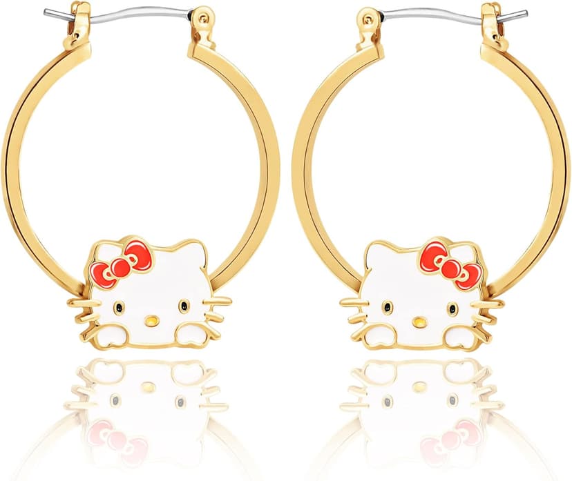 Hello Kitty Hoop Earrings for Women Official License, Gold Tone Flash-Plated and Enamel Sanrio Earrings
