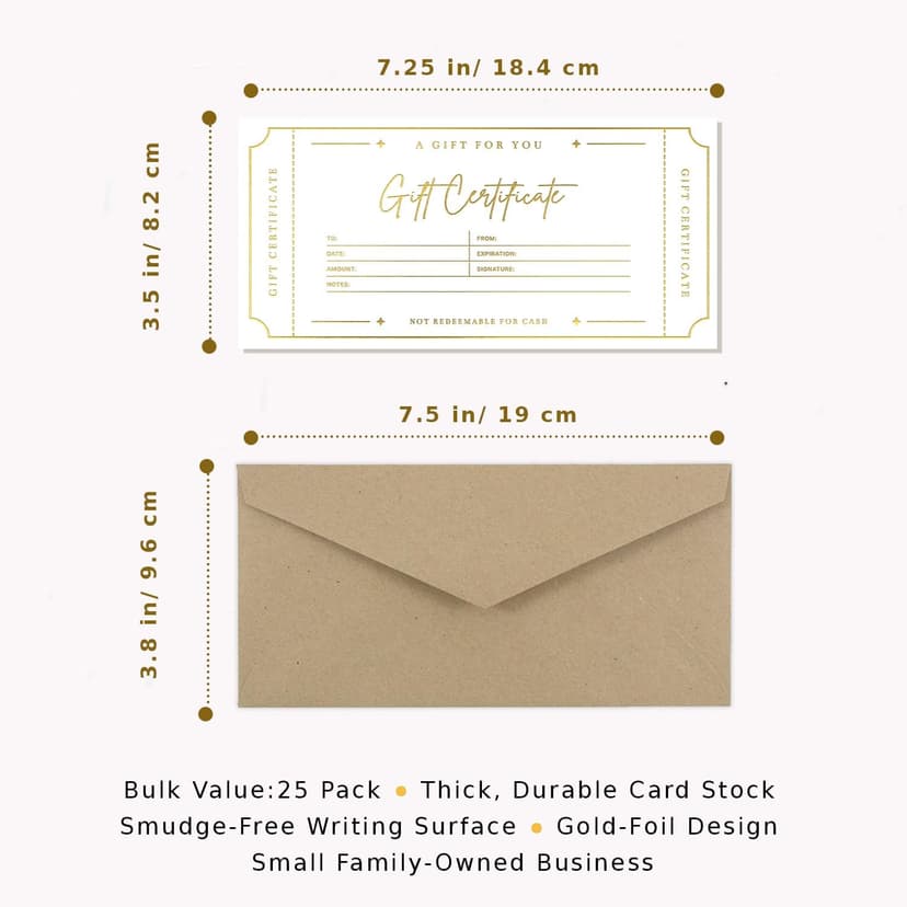 Blank Gift Certificates with Envelopes, 3.5" x 7.25" Blank Gift Certificates for Business, Christmas Gifts, Salon, Spa, Birthday, Mother’s Day or Holiday Gifting, 25 Custom Cards (Gold)