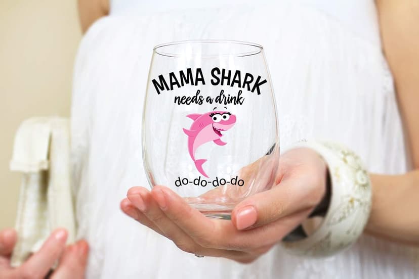 Mama Shark Needs a Drink Funny Wine Glass - Mom Gift For Birthdays, Mother's Day, Christmas, Holidays or Just Because - Stemless