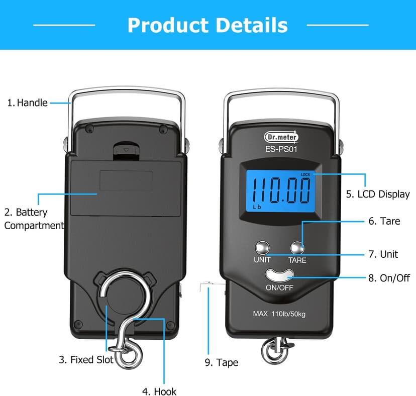 Fish Scale Luggage Scale Fishing Gear - 110lb Backlit LCD Display Digital Scale with Built-in Measuring Tape - Fishing Scale with 2 AAA Batteries, Pocket Size - Fishing Gifts for Men