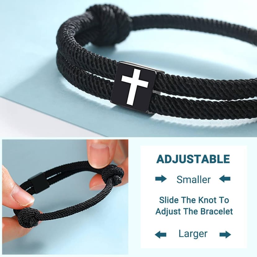 UNGENT THEM Men Adjustable Rope Cross Bracelet - Easter Christmas Christian Baptism Birthday Gifts for Teens