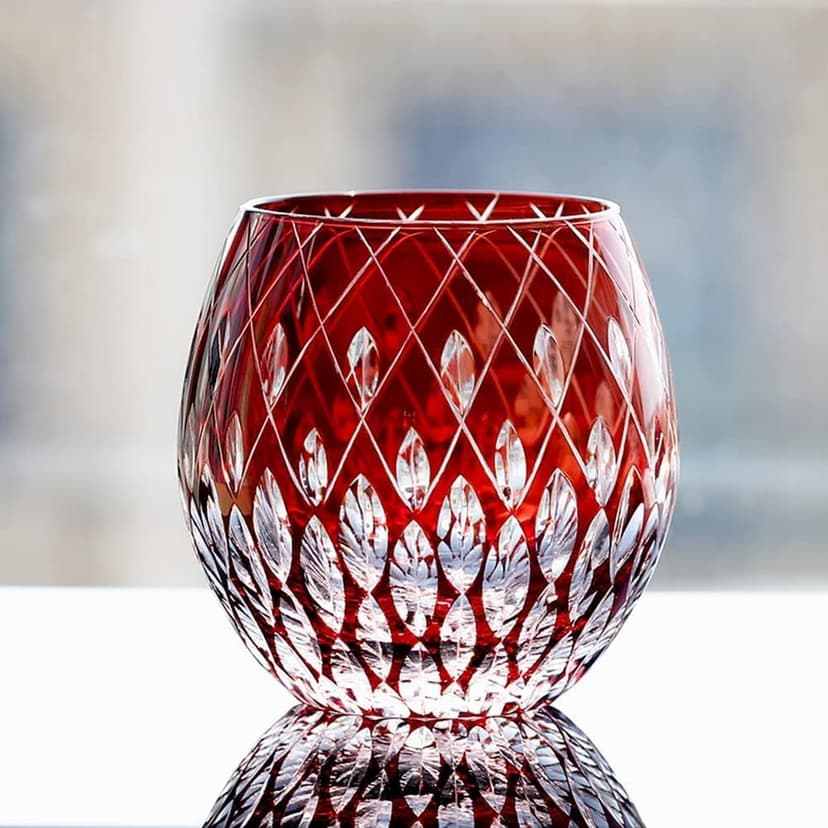 EDO Kiriko Whiskey Glasses Japanese Style 11OZ Unique Shape Colored Hand Carved Glass Tumbler for Bourbon Lovers - Style Glassware for Rum - Rocks Glass in Gift Box (Red)