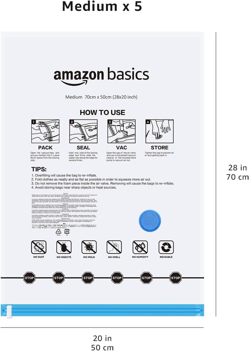 Amazon Basics Vacuum Compression Zipper Storage Bags With Hand Pump, Medium, Clear, 5-Pack, White, Sky Blue