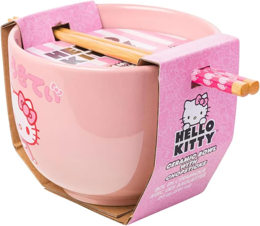 Silver Buffalo Sanrio Hello Kitty Strawberry Milk Japanese Character Ceramic Ramen Noodle Rice Bowl with Chopsticks, Microwave Safe, Pink, 20 Ounces
