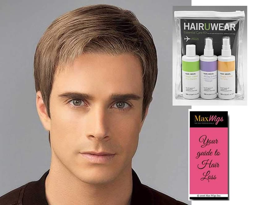Grit Wig Color M280S - HIM Mens Wigs 2.5" Short Layers Precisely Tight Cut Heat Friendly Synthetic Lace Front Monofilament Top Haircut Avg-Large Cap Size Bundle Travel Kit, MaxWigs Hairloss Booklet