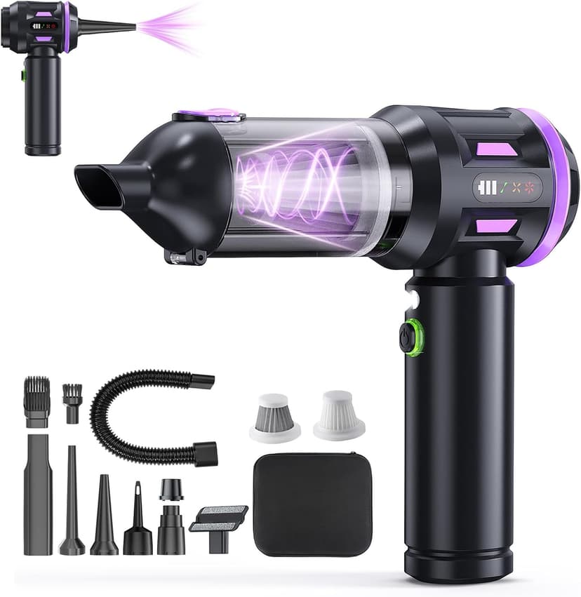 22000PA High Power Cordless Handheld Vacuum & Car Vacuum Cleaner, 4-in-1 Air Duster & Inflator with Brushless Motor, USB-C Charging, LED Light, for Home, Car, Pet, Black Purple