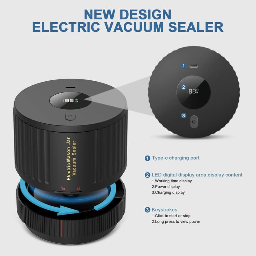 Electric Mason Cordless Vacuum Sealer Kit for Wide-Mouth & Regular-Mouth Mason Jars, for Food Storage and Fermentation, Black