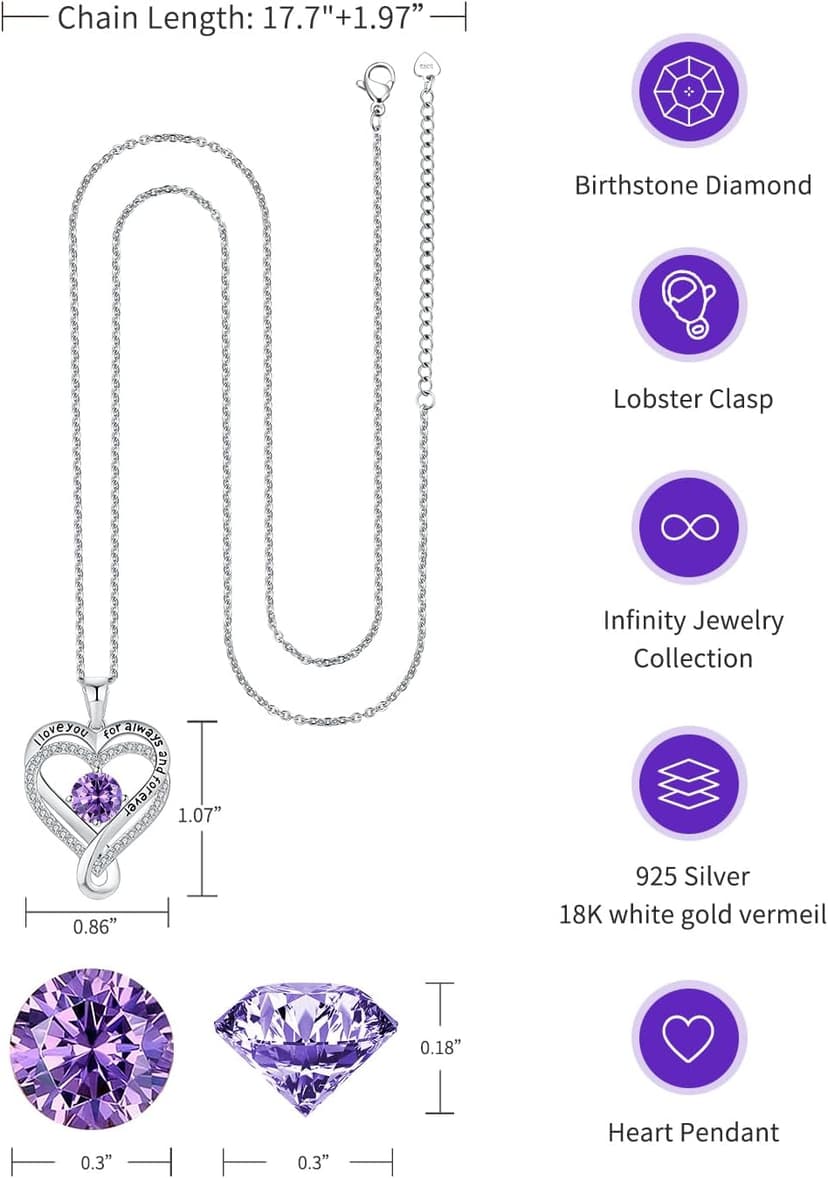 Jewelry for Women Wife Infinity Heart Birthstone I Love You Necklace S925 Anniversary Women Necklaces for Her Wife Birthday Gift Ideas, Birthday Present for Girlfriend Mom Daughter Sterling Silver
