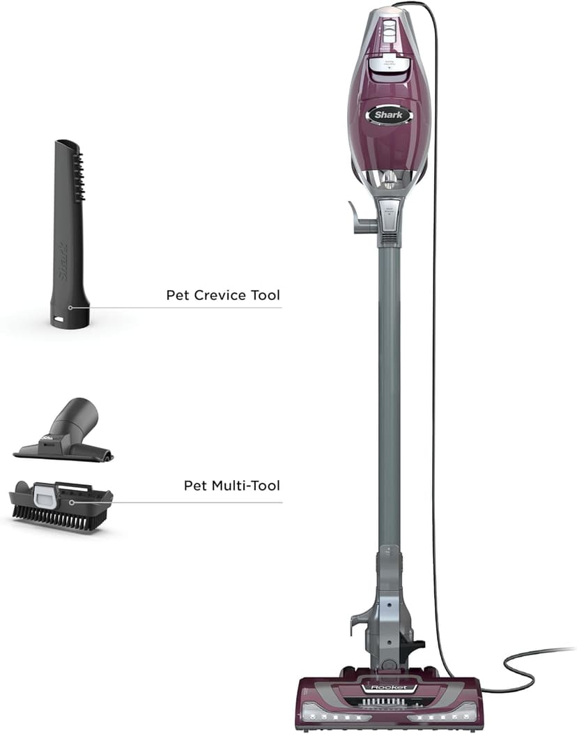 Shark HV322 Rocket Pet Plus Corded Stick Vacuum with LED Headlights, XL Dust Cup, Lightweight, Perfect for Pet Hair Pickup, Converts to a Hand Vacuum, with (2) Pet Attachments, Bordeaux/Silver