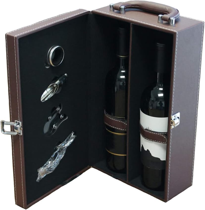 Lifestyle Top Handle Travel Two-Bottle Wine Carrier Case with 4 Piece Wine Accessory Set (Brown)
