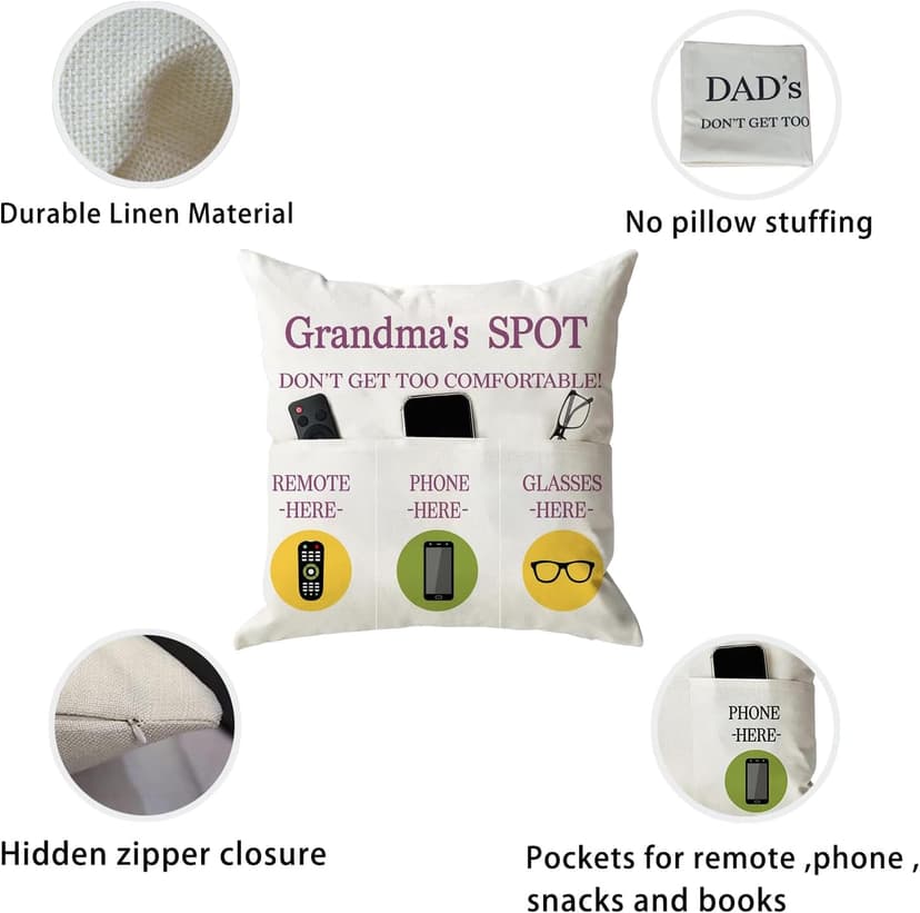 ONFAON Grandma Gifts, Grandma's Spot Throw Pillow Covers 18x18 Inch,Put Phone Glasses and Remote Control Pillowcase,Birthday Christmas hanksgiving Day Gifts for Grandma Mom,3-Pocket