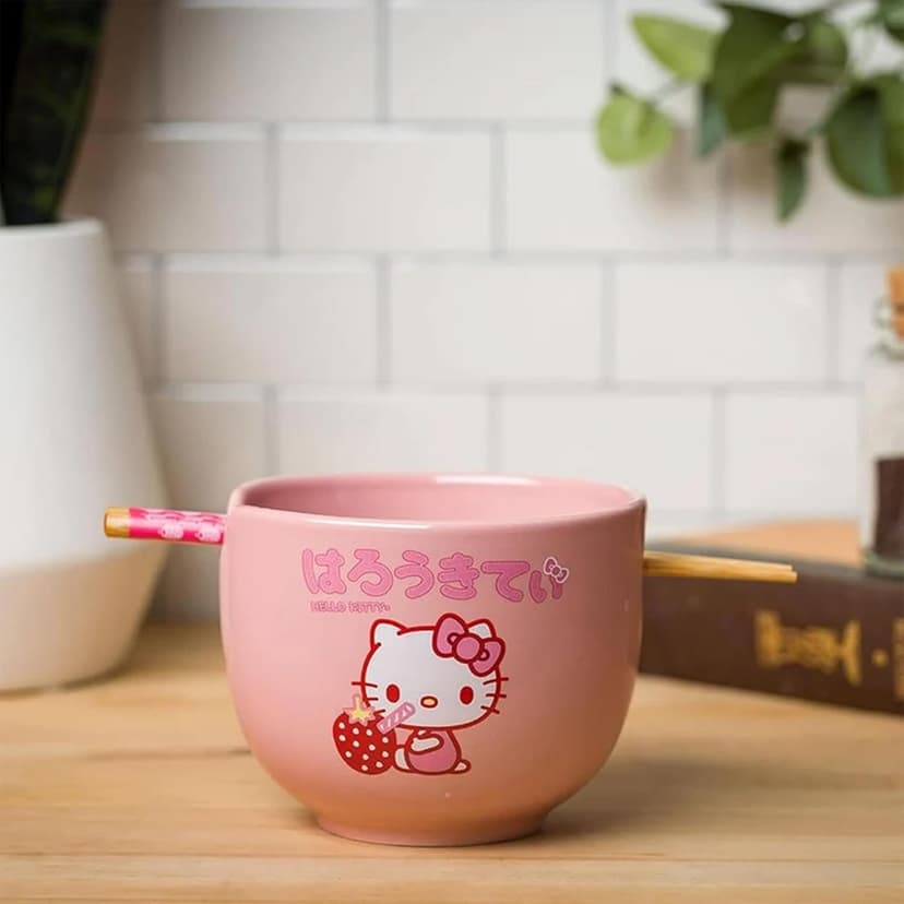 Silver Buffalo Sanrio Hello Kitty Strawberry Milk Japanese Character Ceramic Ramen Noodle Rice Bowl with Chopsticks, Microwave Safe, Pink, 20 Ounces