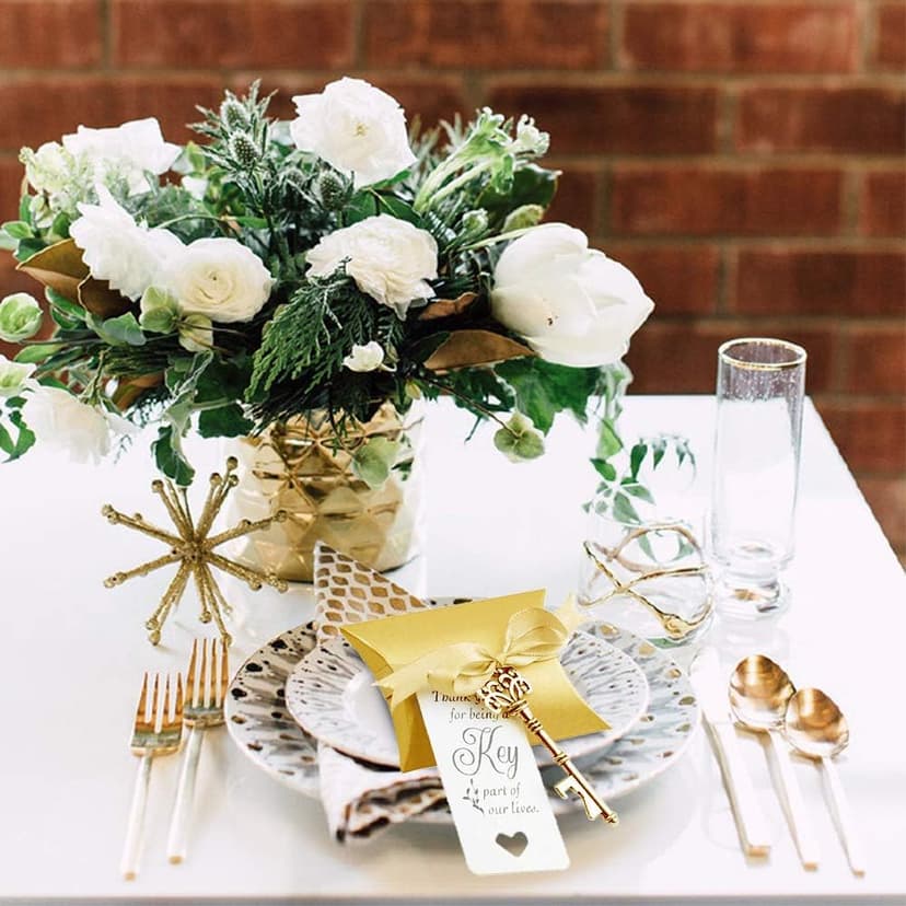 50 Sets Vintage Key Bottle Openers, Wedding Favor Souvenir Gift for Guests with Escort Card Thank You Tag Pillow Box and Satin Ribbon (Gold)